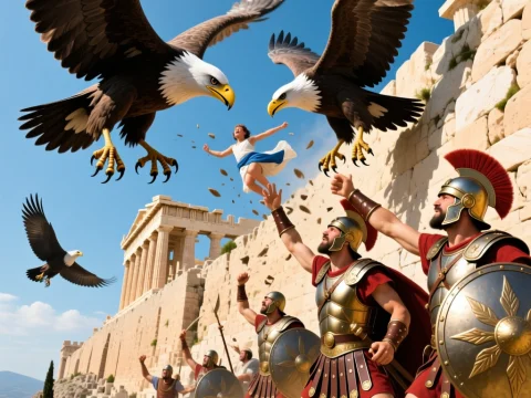 Ancient Warriors Defending Acropolis from Giant Eagles