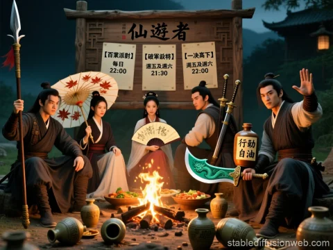 Ancient Warriors Gathering Around Campfire at Night