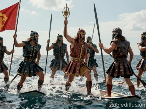 Ancient Warriors on Waterboards in Battle Formation