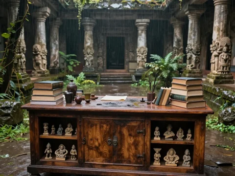 Ancient Wooden Desk with Books and Sculptures in Rainy Ruined Temple