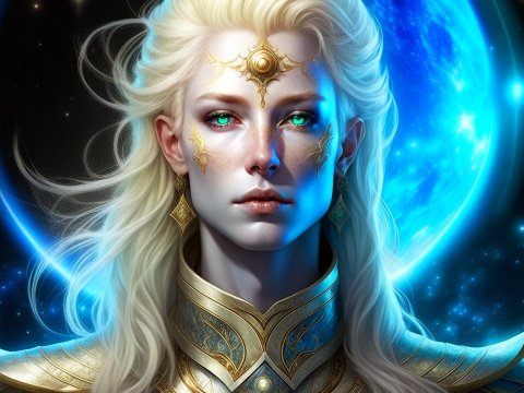 Androgynous Cosmic Warrior with Radiant Blue Planet