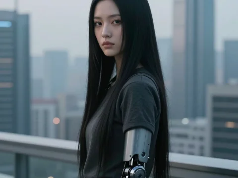 Androgynous Figure with Futuristic Robotic Arm in Urban Setting