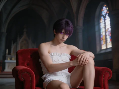 Androgynous Man with Purple Eyes in Gothic Church Interior