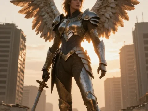 Angel Warrior Standing in Ruined Cityscape