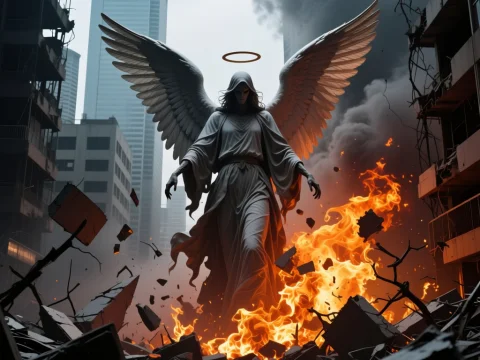 Angel with Halo Amid Urban Destruction and Fire