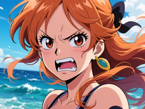 Angry Anime Girl with Red Hair by the Ocean