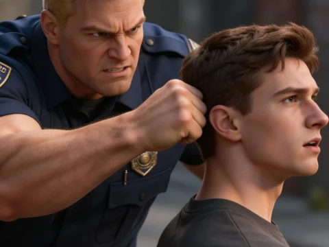 Angry Blonde Police Officer Punching Young Man