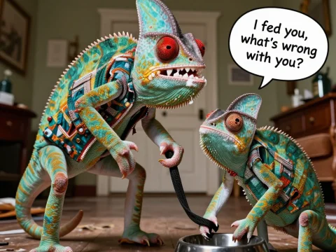 Angry Chameleon Confrontation in a Room