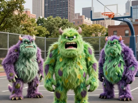 Angry Colorful Monsters on Urban Basketball Court