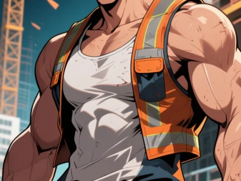 Angry Construction Worker in Anime Style