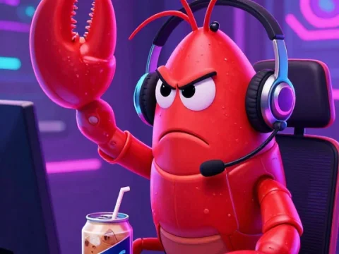 Angry Crayfish Agent Gaming with Headset in Neon Room
