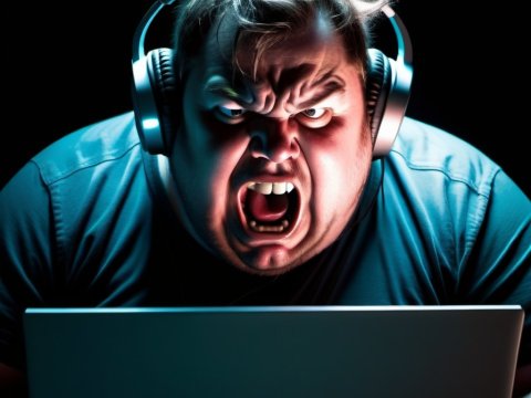 Angry Gamer Shouting at Laptop with Headphones
