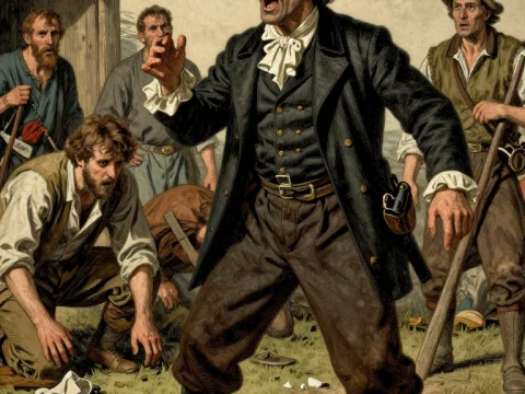 Angry Landowner Shouting at Workers in Historical Scene