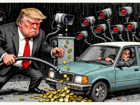 Angry Man Fueling Car with Coins Under Surveillance