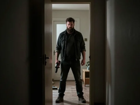 Angry Man Standing in Doorway Holding Power Drill