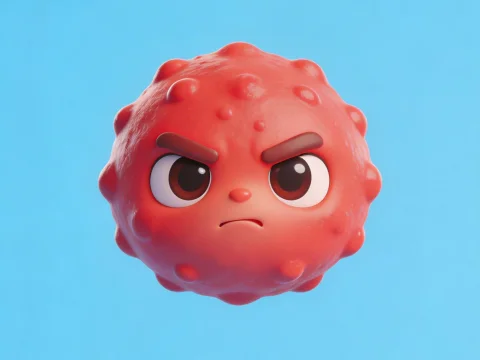 Angry Red Pimple Character on Blue Background