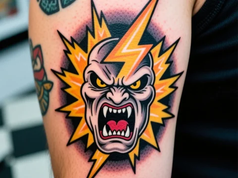 Angry Vampire Head with Lightning Bolt Tattoo