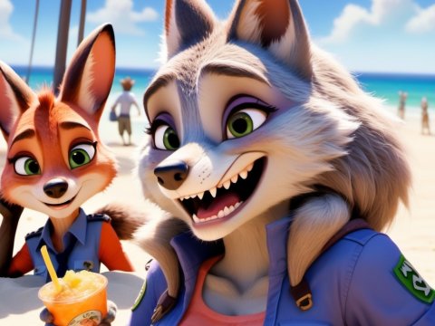 Animated Anthropomorphic Foxes Enjoying a Beach Day