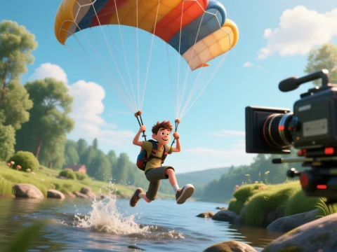 Animated Boy Parachuting into River with Camera Filming