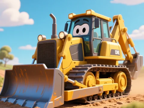 Animated Bulldozer with Friendly Face on Construction Site