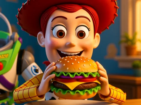 Animated Character Enjoying a Cheeseburger