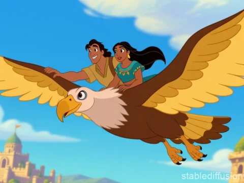 Animated Characters Riding a Giant Eagle in a Fantasy Sky