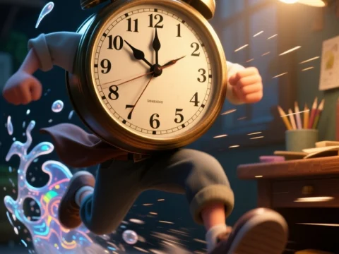 Animated Clock Character Rushing Through a Room