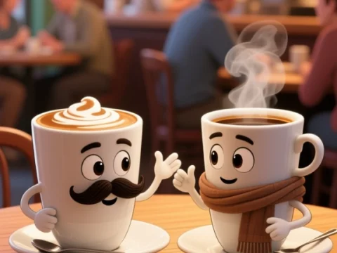 Animated Coffee Cups Chatting in Cozy Café
