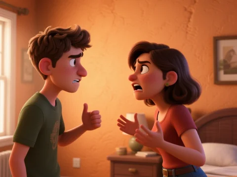 Animated Couple Arguing in Cozy Bedroom