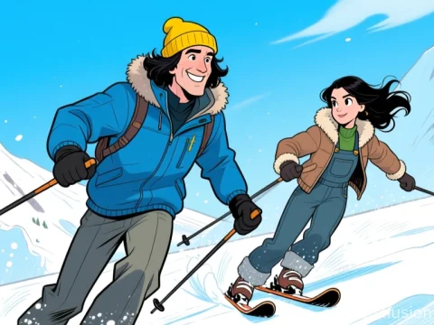 Animated Couple Skiing Joyfully on Snowy Mountains