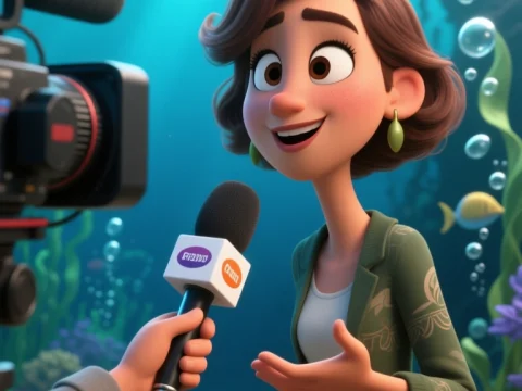 Animated Female Journalist Interviewing Underwater
