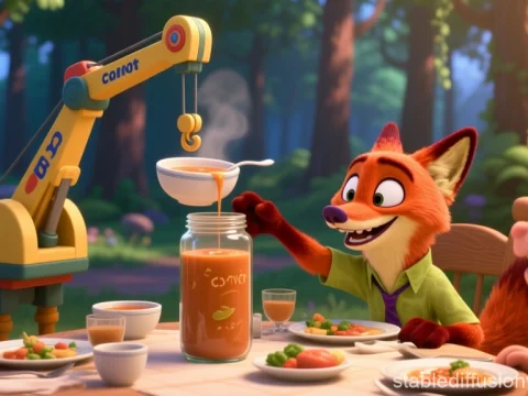 Animated Fox and Kids Enjoying Soup with Crane Pouring