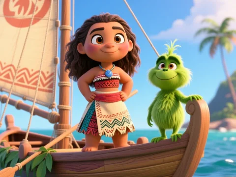 Animated Girl and Green Creature on Traditional Boat