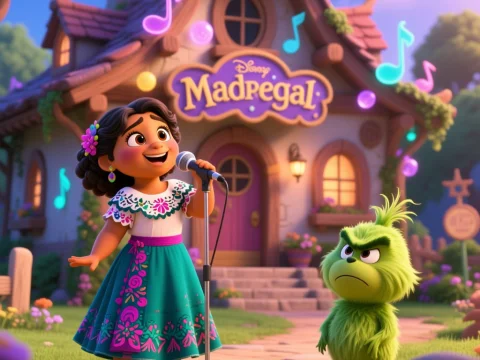 Animated Girl Singing with Grumpy Green Creature Outside Cottage