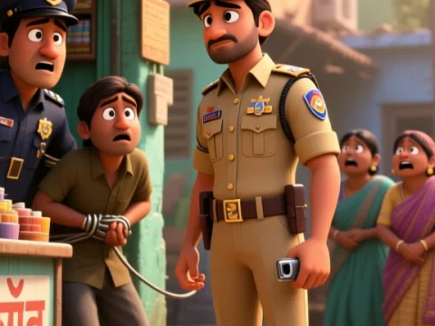 Animated Indian Police Officer in Village Scene