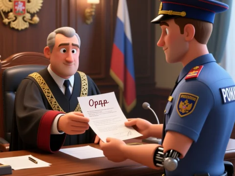 Animated Judge Hands Order to Police Officer in Courtroom