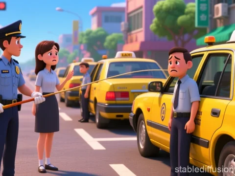 Animated Policemen Lecturing Taxi Drivers on City Street