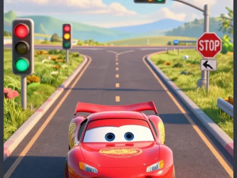 Animated Red Race Car on Sunny Road with Traffic Lights