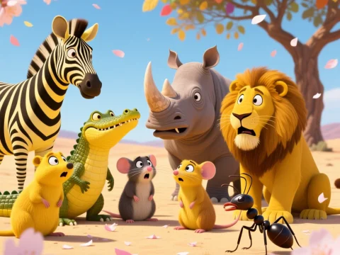 Animated Safari Animals Gathered in Desert with Blossoms