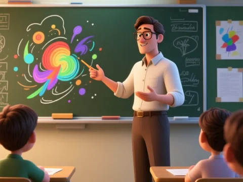 Animated Teacher Explaining Colorful Science Concept in Classroom