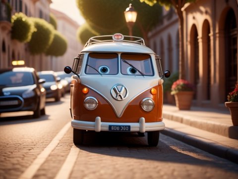 Animated Vintage Van with Expressive Eyes on Sunny Street