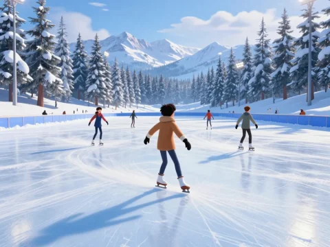Animated Winter Ice Skating Scene in Snowy Mountain Landscape