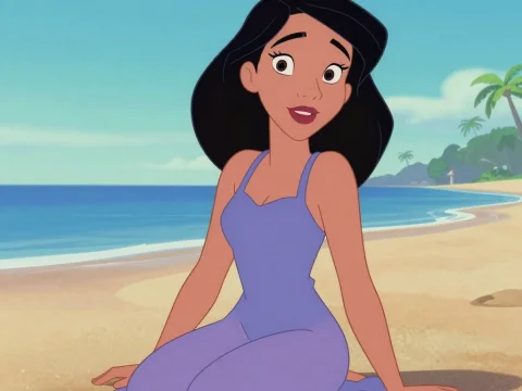 Animated Woman in Purple Dress Sitting on Beach