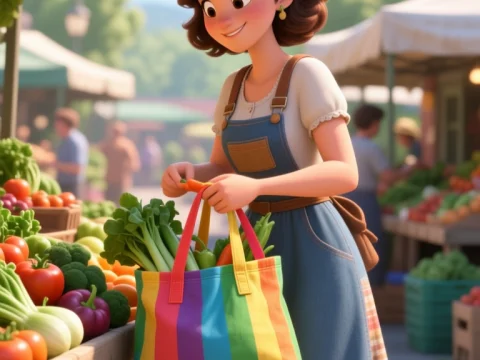 Animated Woman Shopping at Farmers Market with Colorful Tote