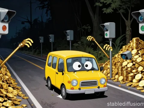 Animated Yellow Taxi Surrounded by Gold Coins and Surveillance Cameras