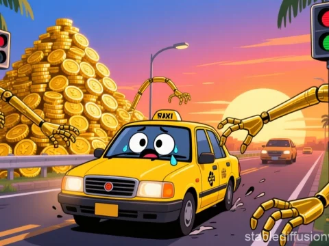 Animated Yellow Taxi Surrounded by Robotic Arms at Sunset
