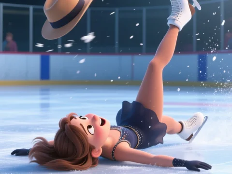 Animated Young Woman Falling on Ice Rink