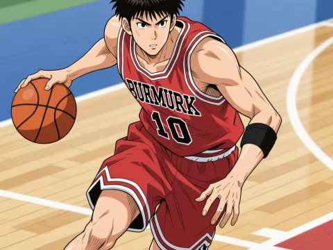 Anime Basketball Player Dribbling on Court