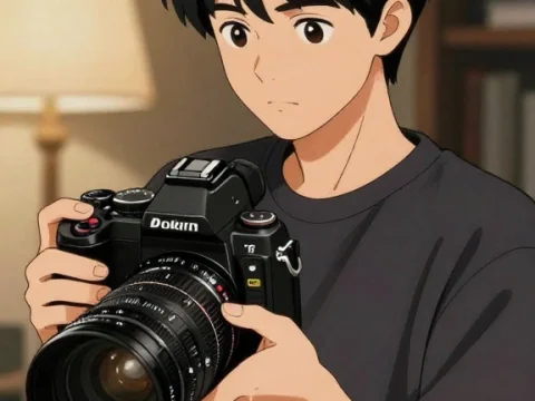 Anime Boy Adjusting Professional Camera on Tripod