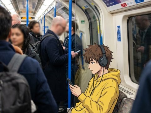 Anime Boy Listening to Music on London Underground